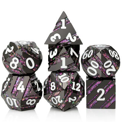 Black and Purple with Stripes Metal 7pc Dice Set image 0